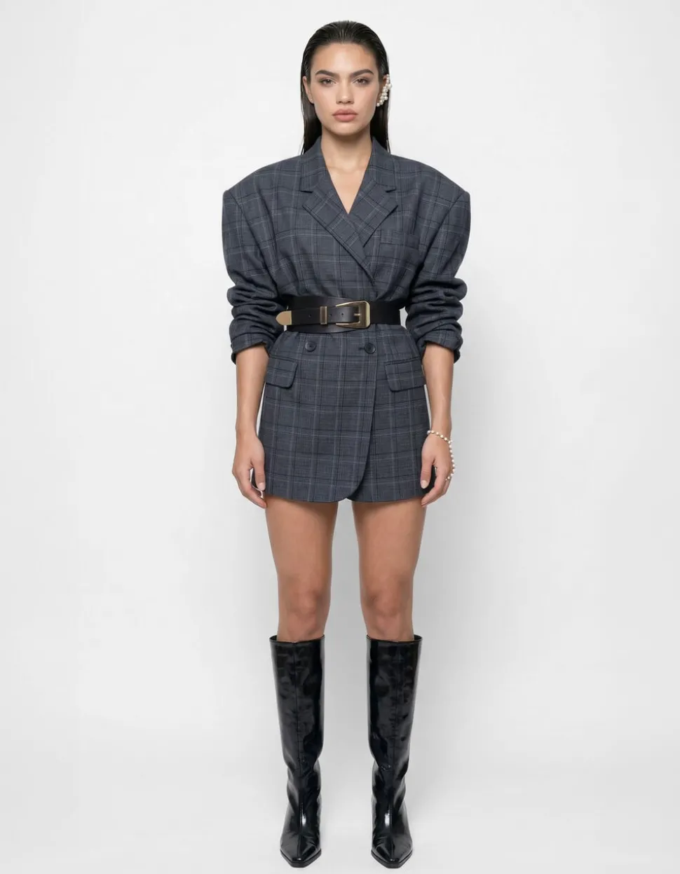 Check Blazer Jurk Donkergrijs