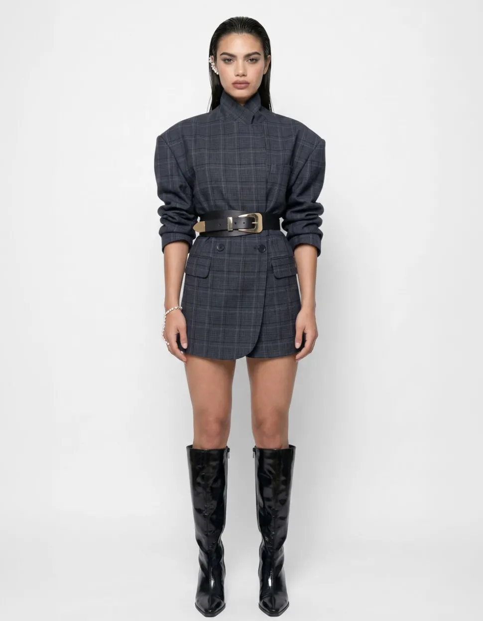 Check Blazer Jurk Donkergrijs