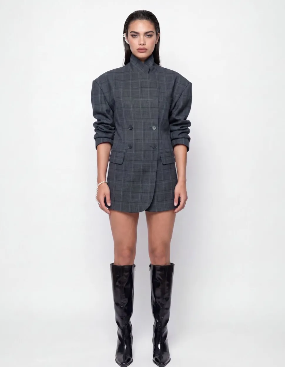 Check Blazer Jurk Donkergrijs