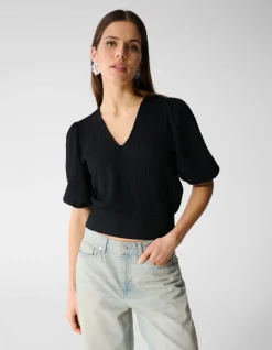 Crinkle V-Hals Top Zwart