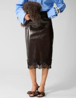 Croco Vegan Leren Midi Rok Donkerbruin