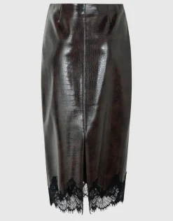 Croco Vegan Leren Midi Rok Donkerbruin