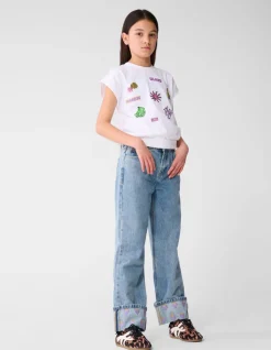 Embroidery Wide Leg Fit Jeans Bleached