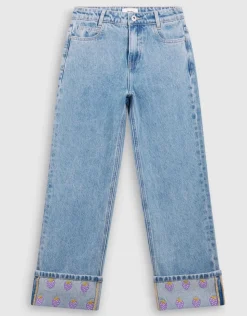 Embroidery Wide Leg Fit Jeans Bleached