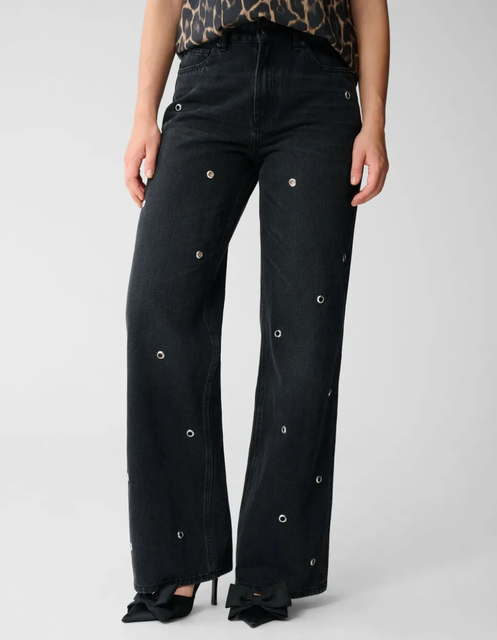 Eyelet Straight Fit Jeans Donkergrijs