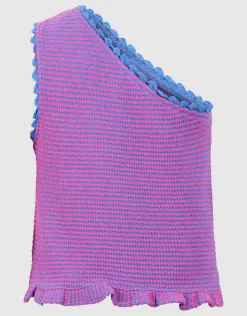 Gebreide One Shoulder Top Roze/Blauw
