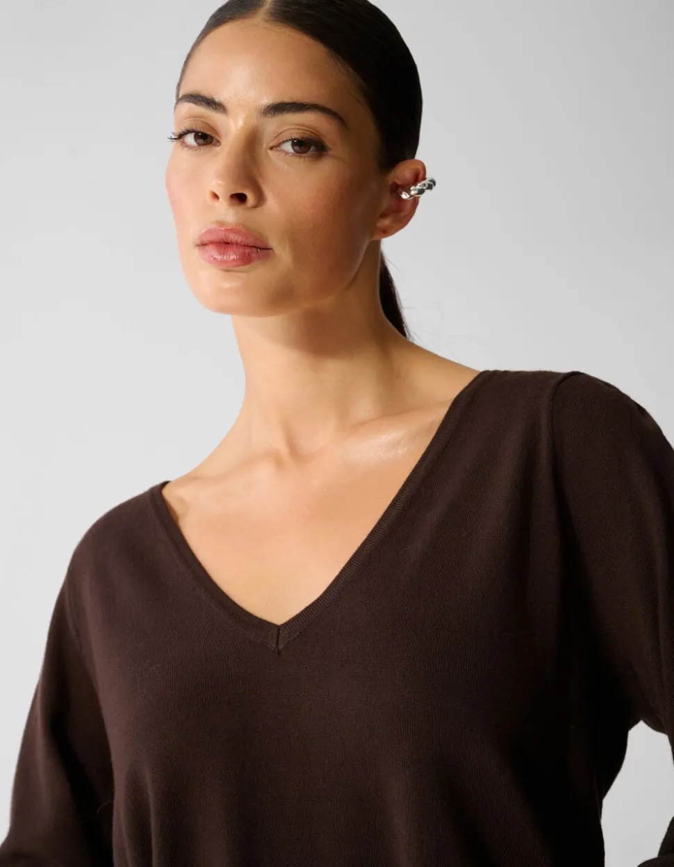 Gebreide V-neck Trui Donkerbruin