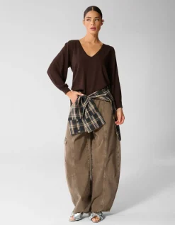Gebreide V-neck Trui Donkerbruin