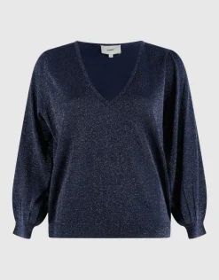 Glitter Gebreide V-hals Trui Donkerblauw