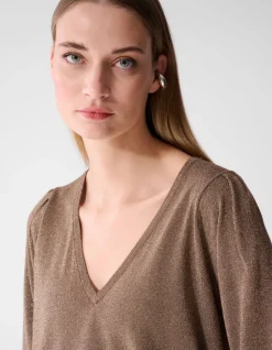 Glitter V-hals Gebreide Trui Taupe