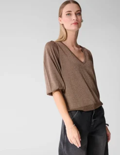 Glitter V-hals Gebreide Trui Taupe