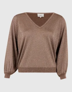 Glitter V-hals Gebreide Trui Taupe