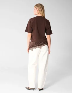 Kanten Satijnen T-shirt Bruin
