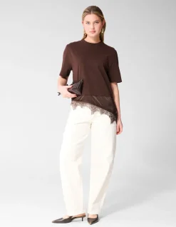 Kanten Satijnen T-shirt Bruin