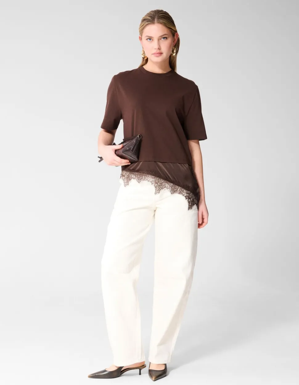 Kanten Satijnen T-shirt Bruin