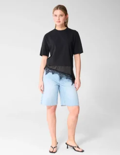 Kanten Satijnen T-shirt Zwart