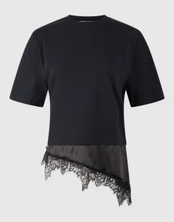 Kanten Satijnen T-shirt Zwart