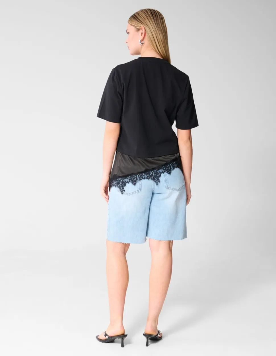 Kanten Satijnen T-shirt Zwart