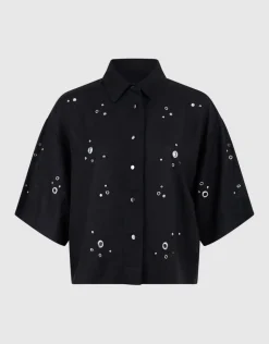 Linnen Eyelet Blouse Zwart