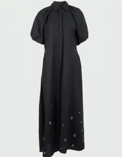 Linnen Eyelet Maxi Jurk Zwart