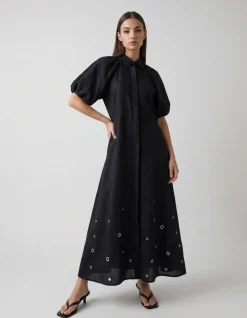Linnen Eyelet Maxi Jurk Zwart