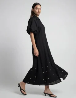 Linnen Eyelet Maxi Jurk Zwart