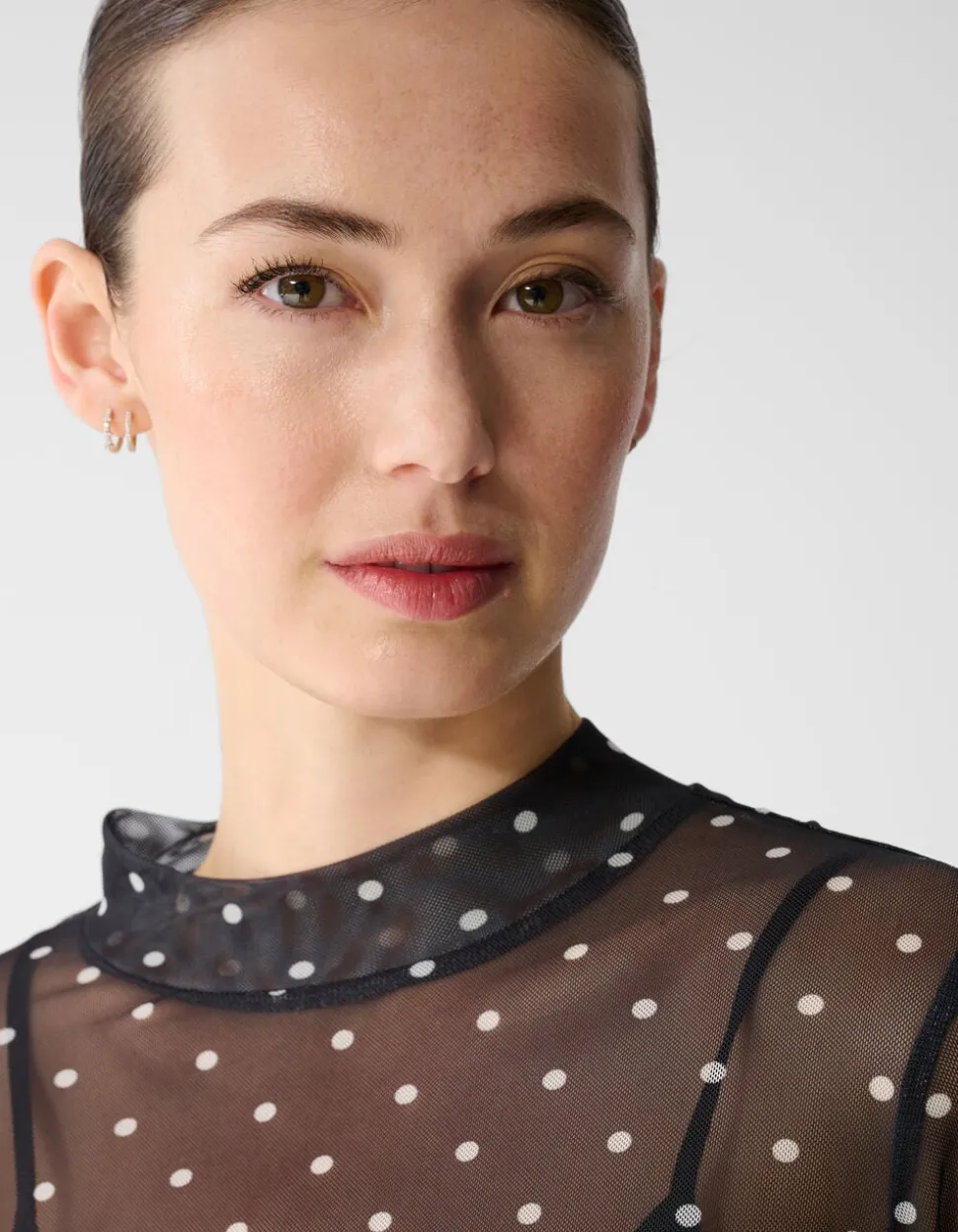 Mesh Polkadot Longsleeve Top Zwart