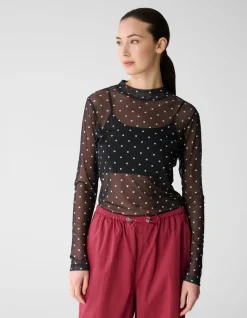 Mesh Polkadot Longsleeve Top Zwart