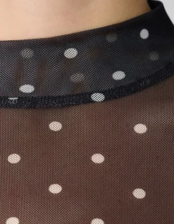 Mesh Polkadot Longsleeve Top Zwart