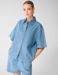 Oversized Fit Strass Denim Blouse Blauw