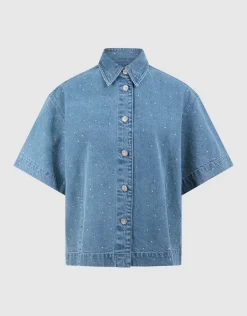 Oversized Fit Strass Denim Blouse Blauw