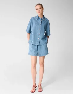 Oversized Fit Strass Denim Blouse Blauw