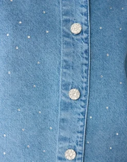 Oversized Fit Strass Denim Blouse Blauw