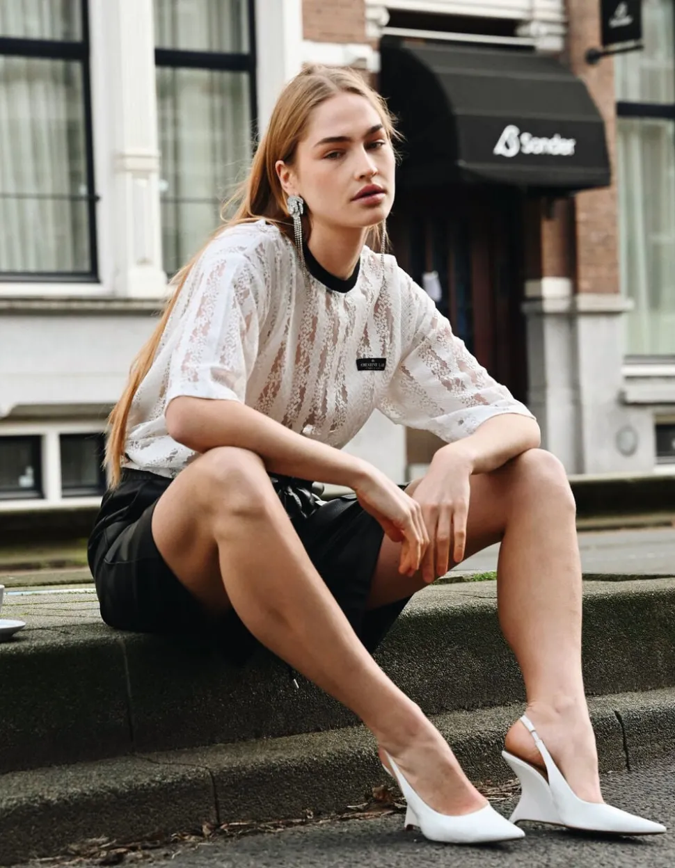 Oversized Kanten Label T-shirt Wit