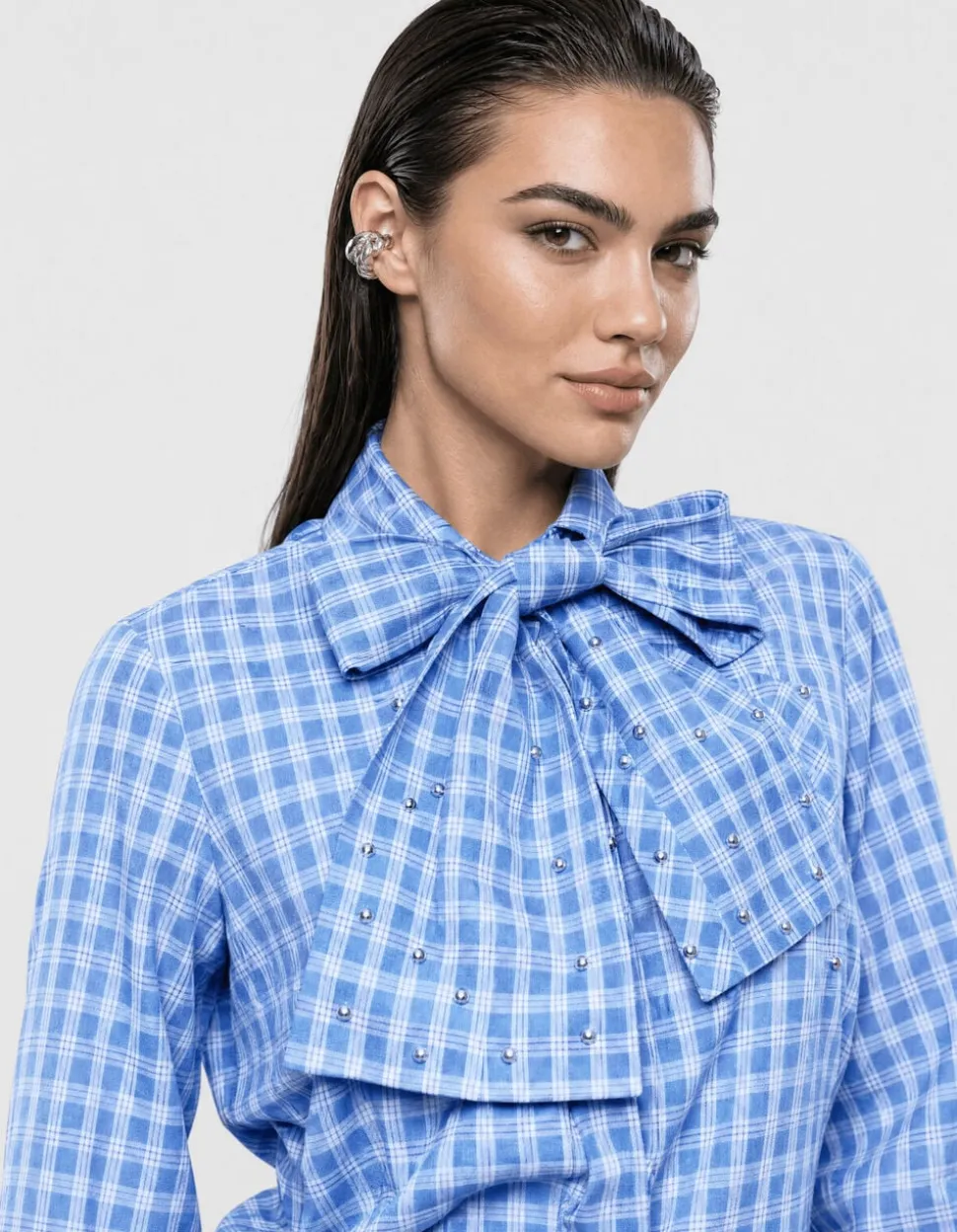 Oversized Ruiten Bow Blouse Blauw