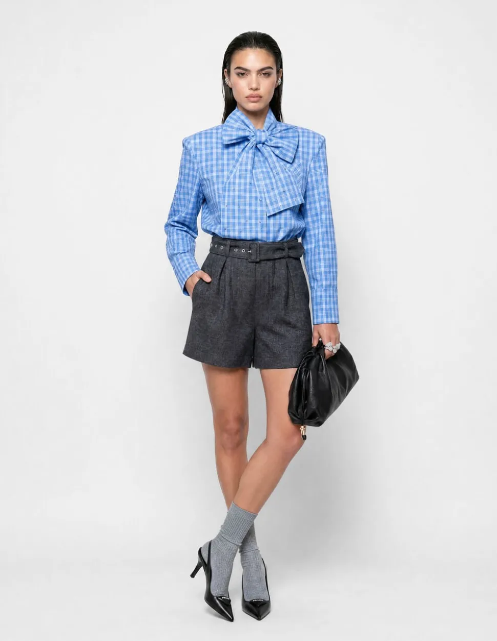 Oversized Ruiten Bow Blouse Blauw