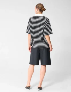 Oversized Stripe Short Sleeve Polo Zwart