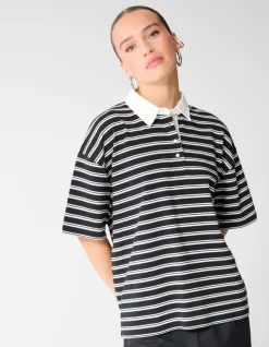 Oversized Stripe Short Sleeve Polo Zwart