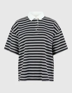 Oversized Stripe Short Sleeve Polo Zwart