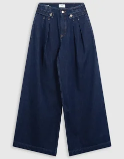 Pleated Button Wide Leg Fit Jeans Donkerblauw