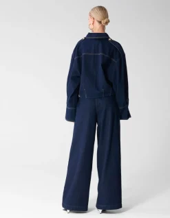 Pleated Button Wide Leg Fit Jeans Donkerblauw