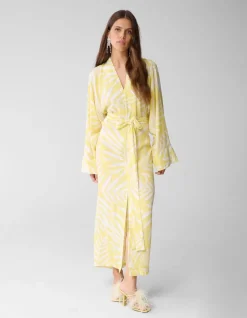Printed Kimono Maxi Jurk Lichtgeel