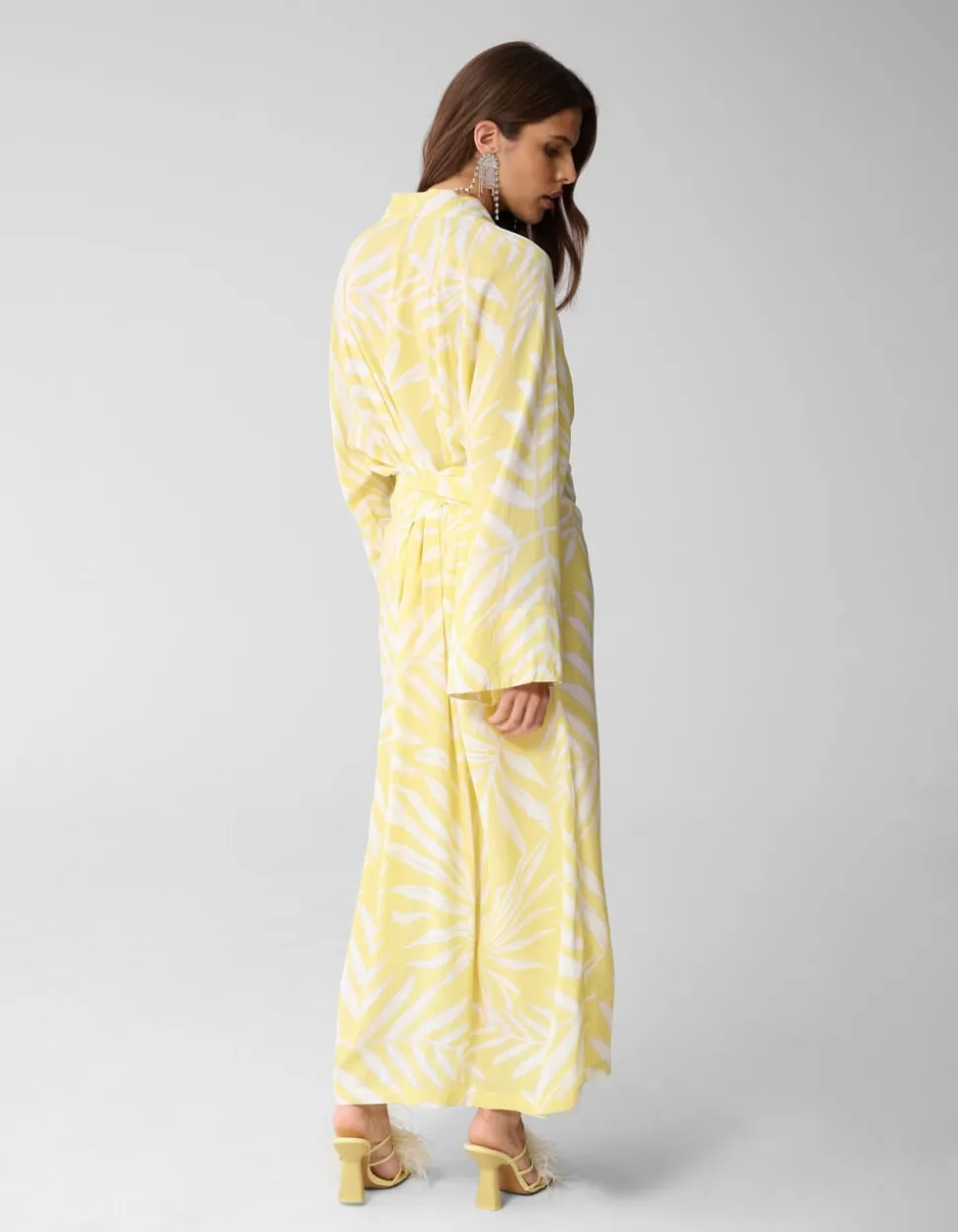 Printed Kimono Maxi Jurk Lichtgeel