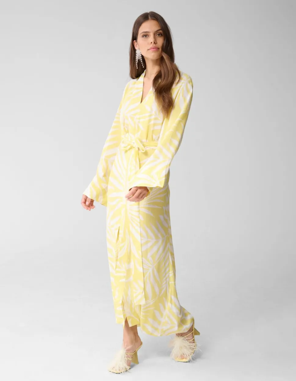 Printed Kimono Maxi Jurk Lichtgeel