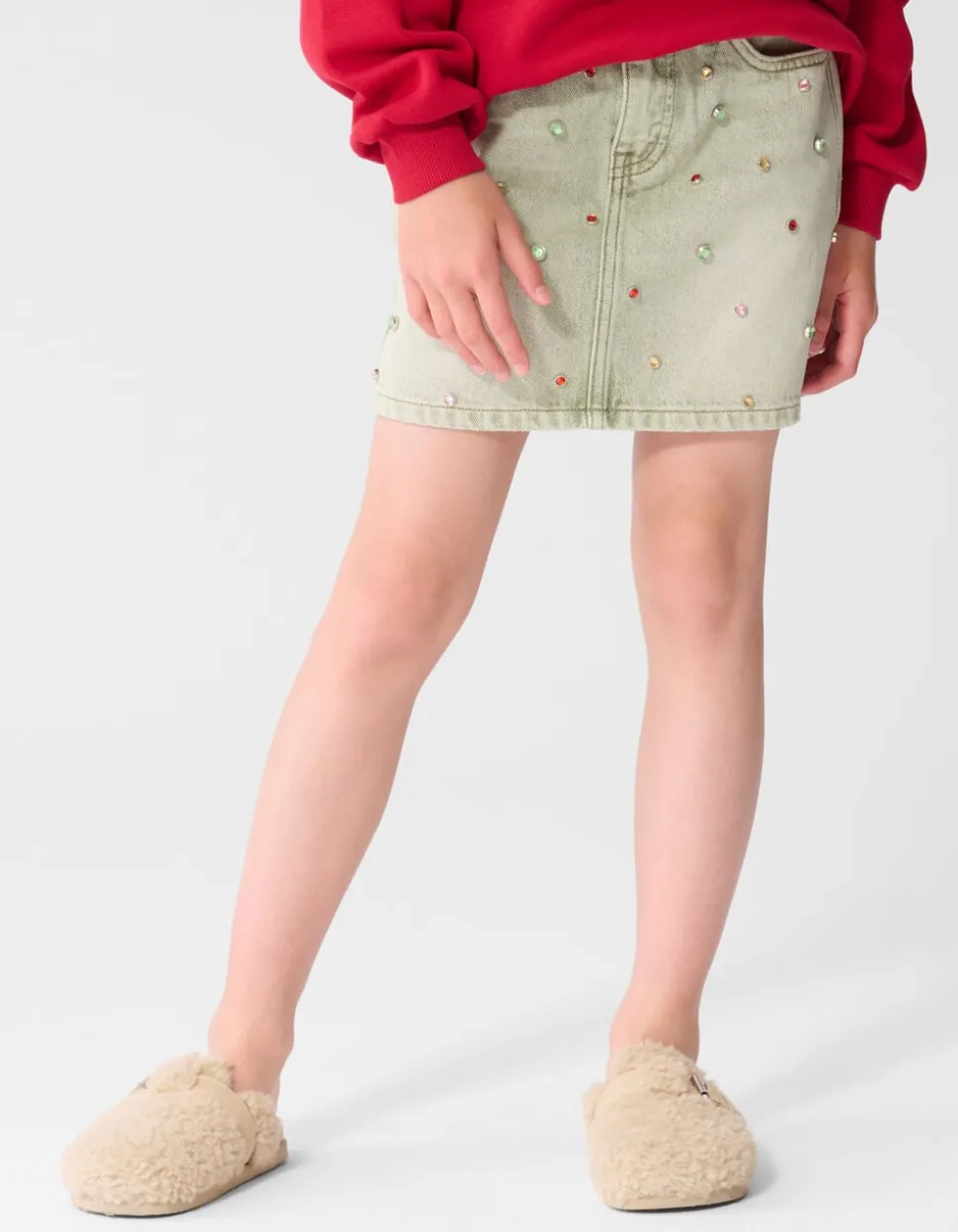 Rhinestone Denim Rok Groen