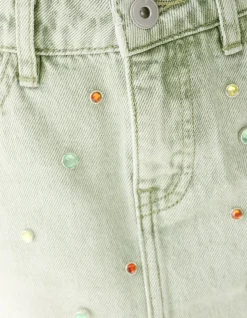 Rhinestone Denim Rok Groen