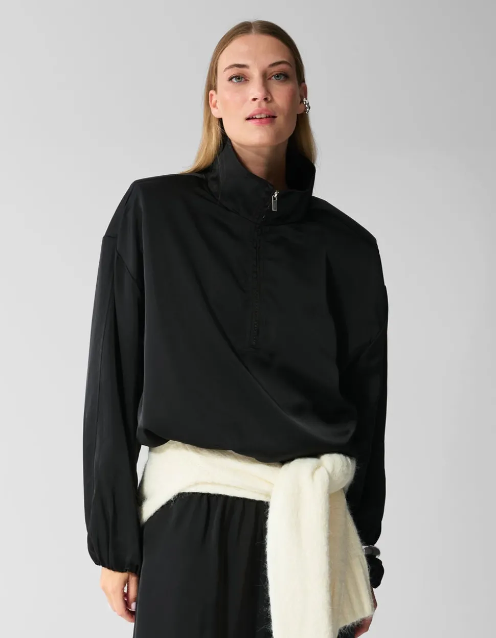 Satijnen Half Zip Top Zwart