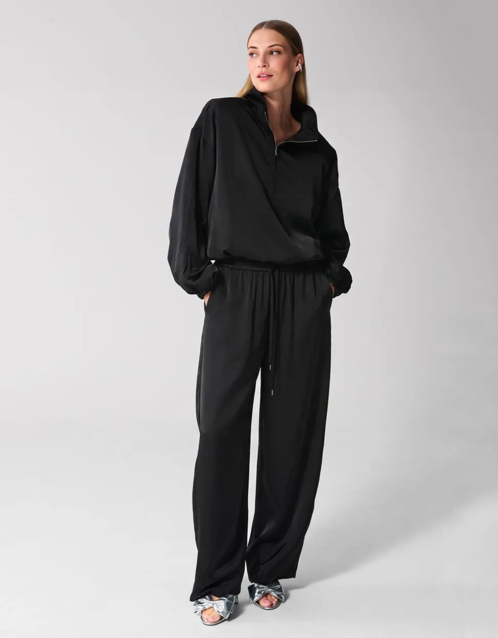 Satijnen Half Zip Top Zwart