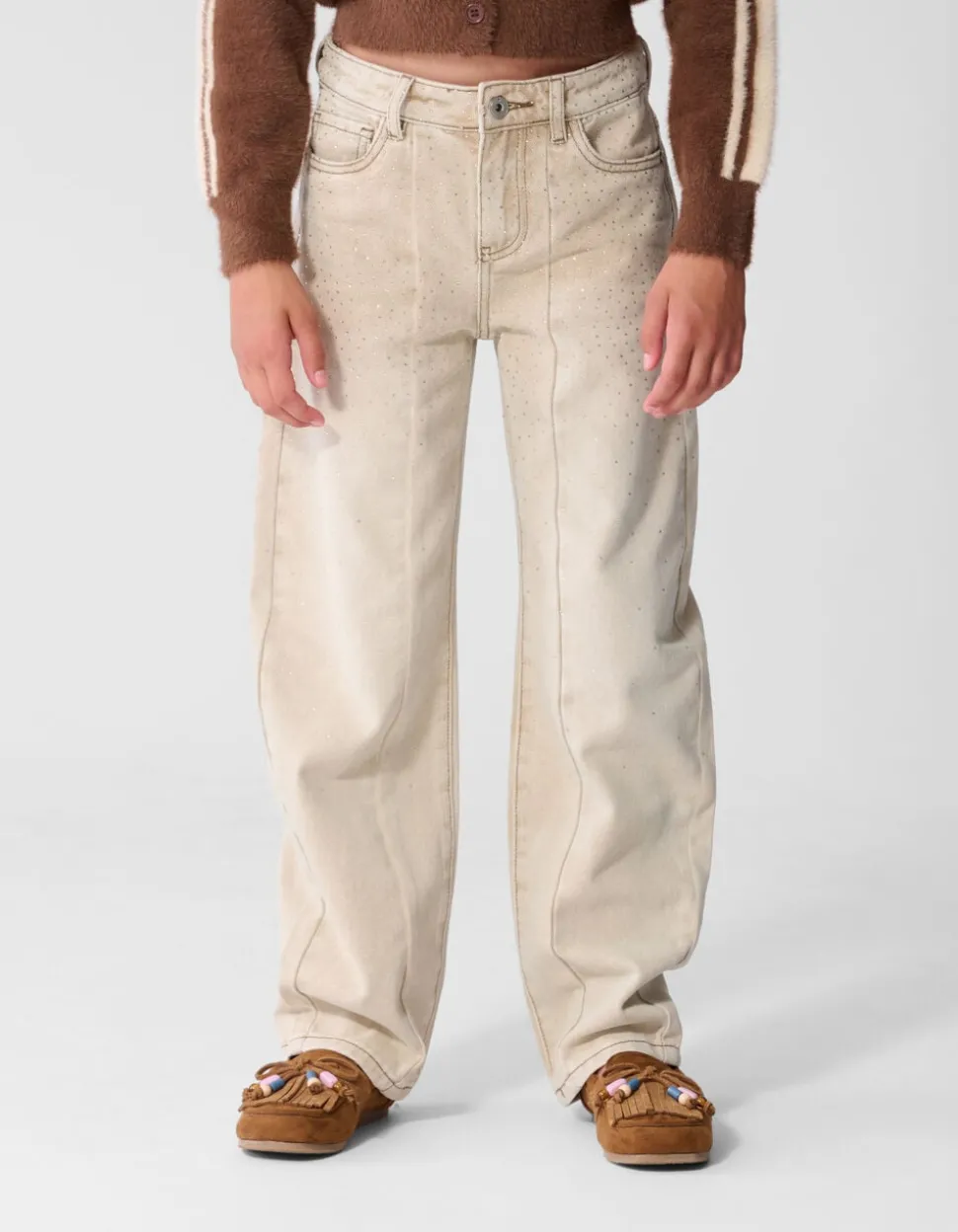 Strass Barrel Fit Jeans Zand