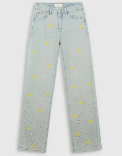 Strass Heart Wide Leg Fit Jeans Bleached